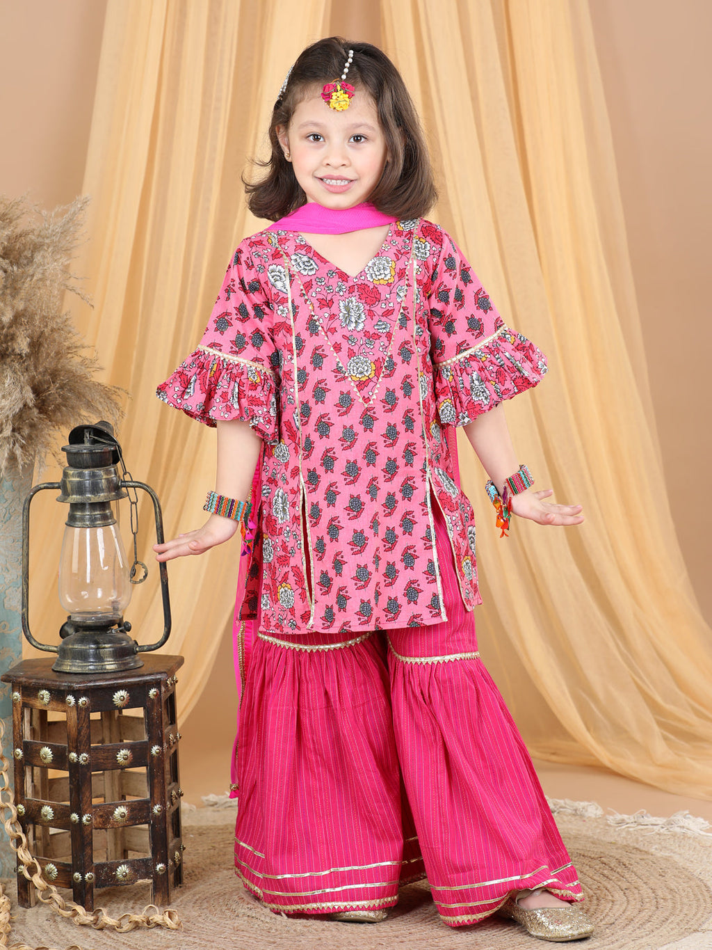Pink Floral Motif Printed Kurta Sharara With Dupatta