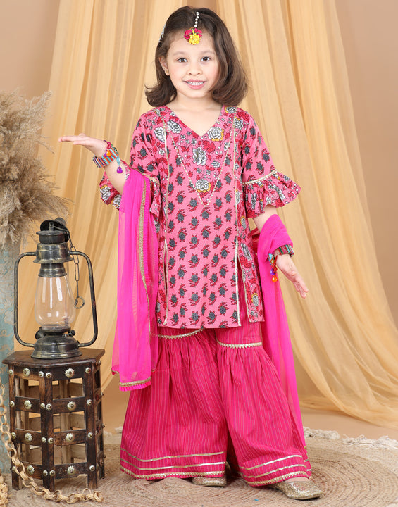 Pink Kurti with Pink sharara pant and dupatta