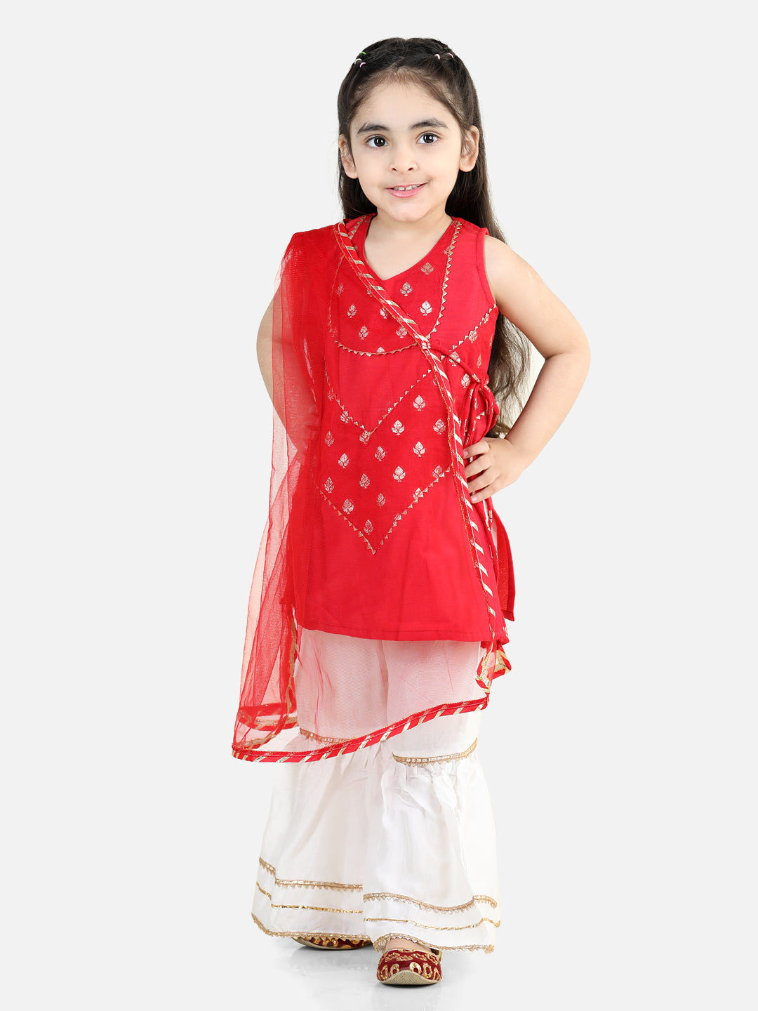 Red  Embroidered Butti Kurta With Lace Detailed Sharara & Dupatta