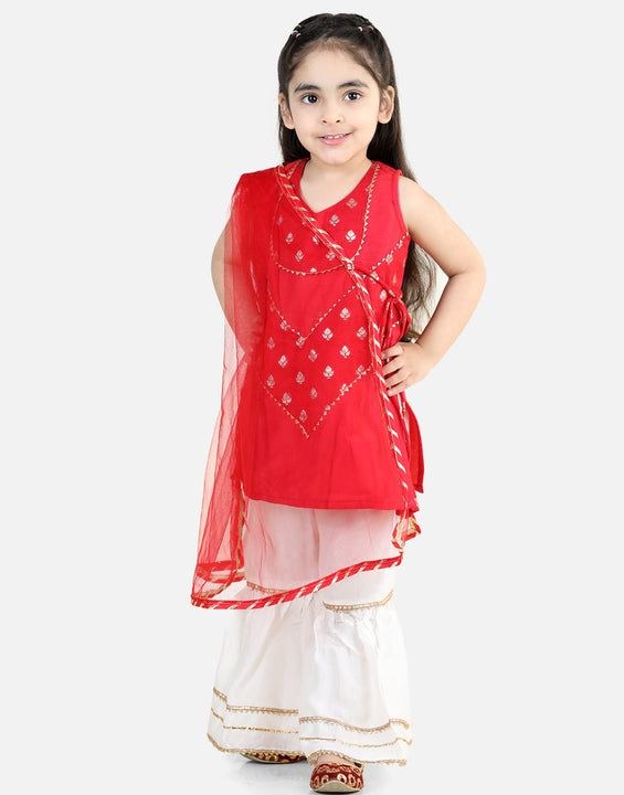 Red  Embroidered Butti Kurta With Lace Detailed Sharara & Dupatta