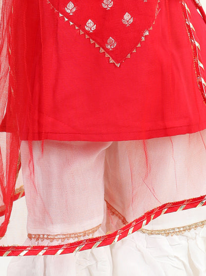 Red  Embroidered Butti Kurta With Lace Detailed Sharara & Dupatta
