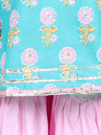 Floral printed Kurta With Lace Embellihed Lurex Striped Sharara