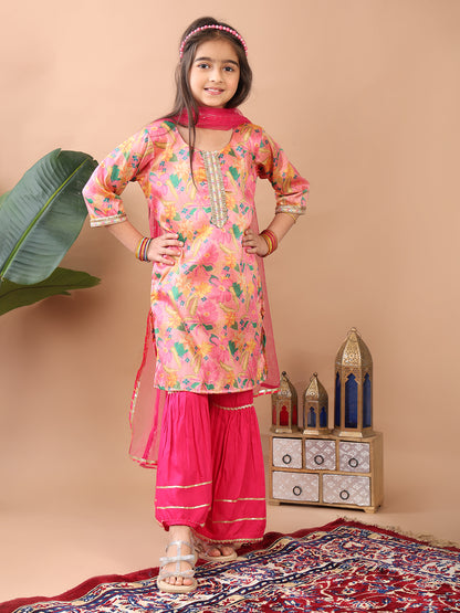 Pink 3/4 sleeves printed Kurti with pink sharara pant and dupatta