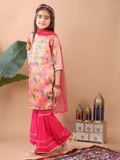 Pink 3/4 sleeves printed Kurti with pink sharara pant and dupatta