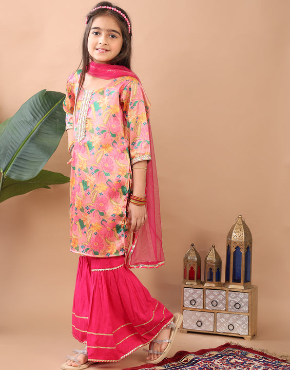 Pink 3/4 sleeves printed Kurti with pink sharara pant and dupatta