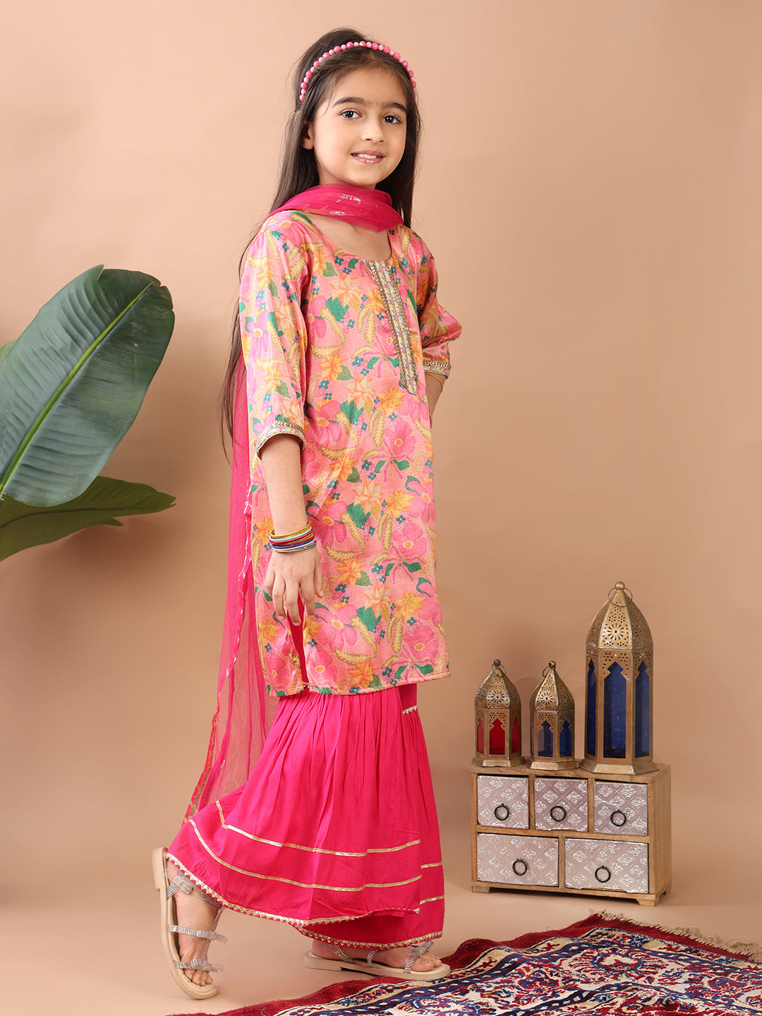 Pink 3/4 sleeves printed Kurti with pink sharara pant and dupatta