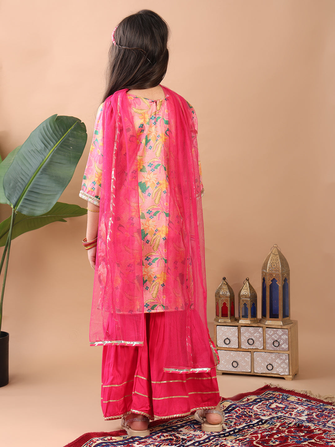 Pink 3/4 sleeves printed Kurti with pink sharara pant and dupatta