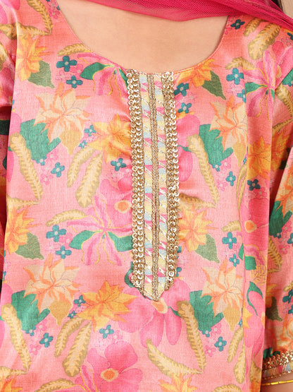 Pink 3/4 sleeves printed Kurti with pink sharara pant and dupatta