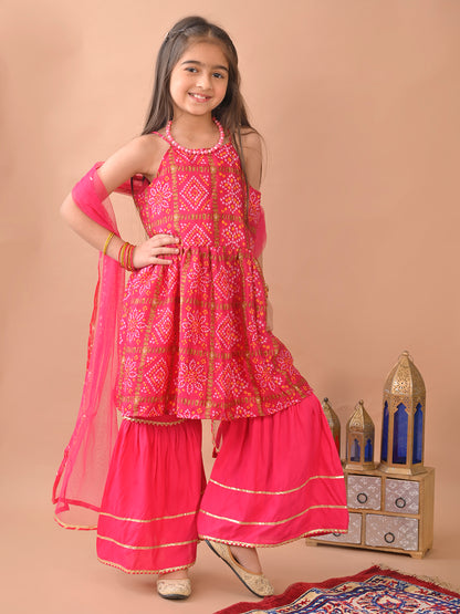 Pink  bandez  sleeveless Kurti  paired with pink sharara pant and dupatta