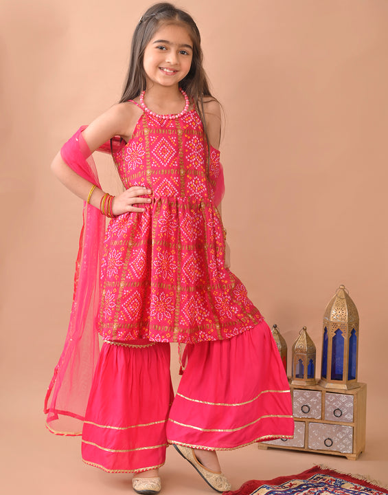 Pink  bandez  sleeveless Kurti  paired with pink sharara pant and dupatta