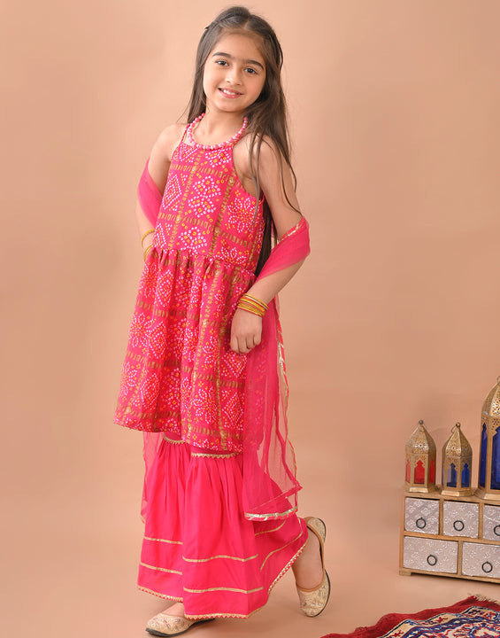 Pink  bandez  sleeveless Kurti  paired with pink sharara pant and dupatta