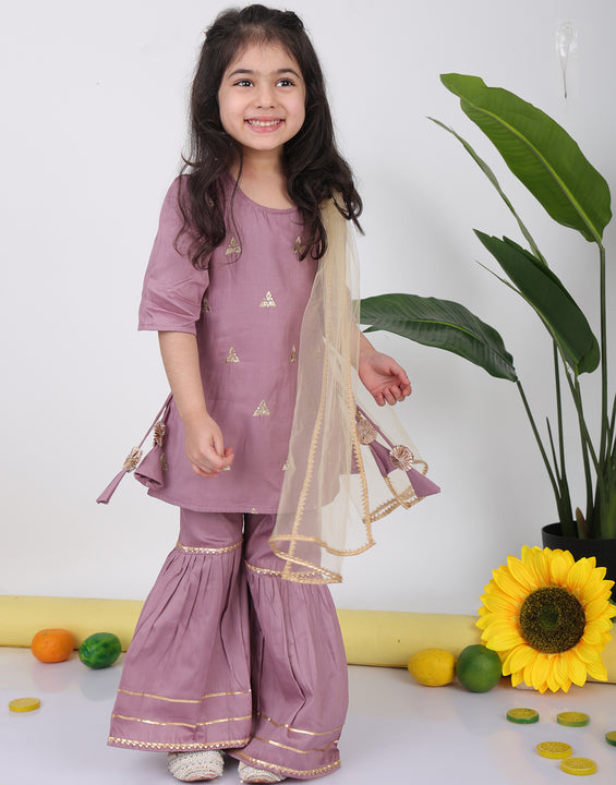 Purple embroidered Kurti with sharara and dupatta