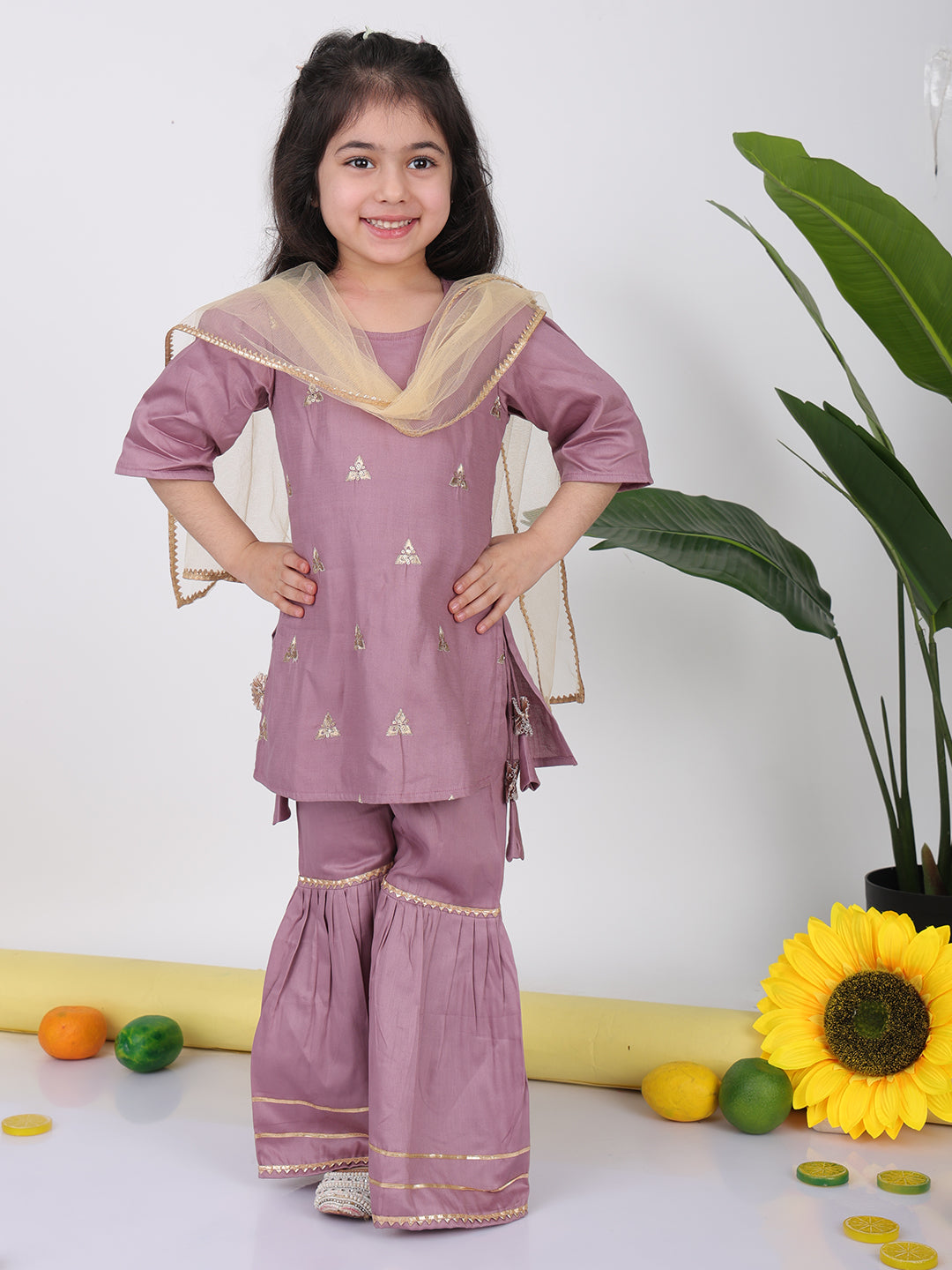 Purple embroidered Kurti with sharara and dupatta