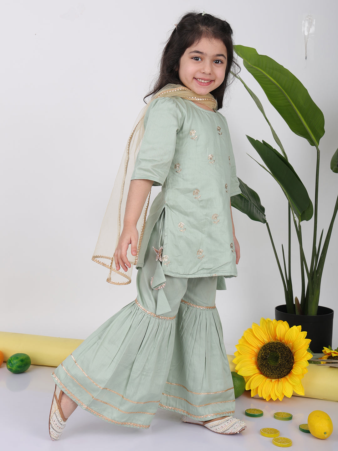 Green embroidered Kurti with sharara and dupatta