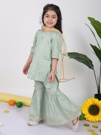 Green embroidered Kurti with sharara and dupatta