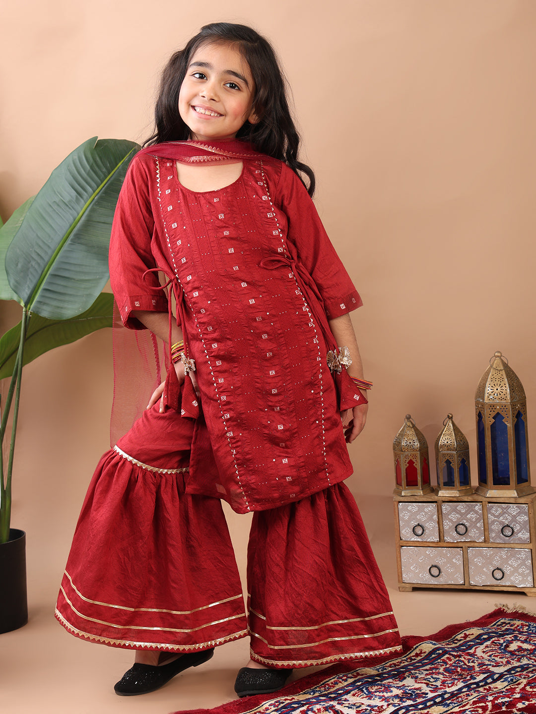 Red 3/4 sleeves embroidereed Kurti with sharara and dupatta