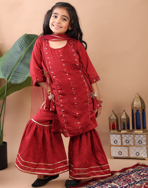 Red 3/4 sleeves embroidereed Kurti with sharara and dupatta