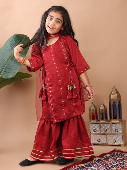 Red 3/4 sleeves embroidereed Kurti with sharara and dupatta