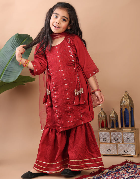 Red 3/4 sleeves embroidereed Kurti with sharara and dupatta