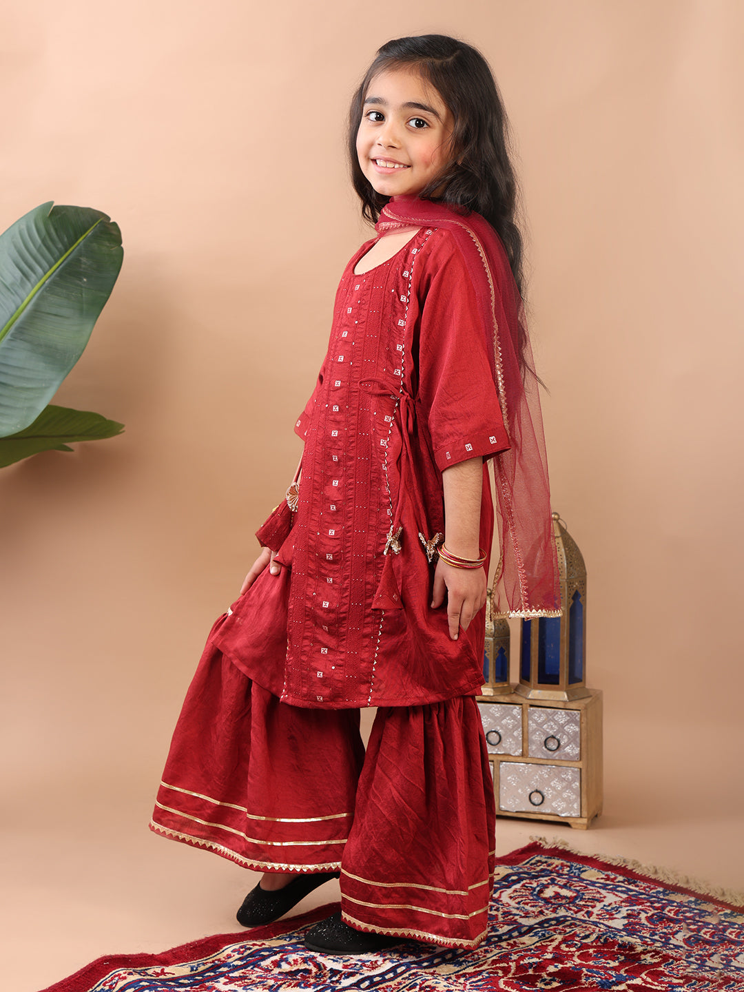 Red 3/4 sleeves embroidereed Kurti with sharara and dupatta