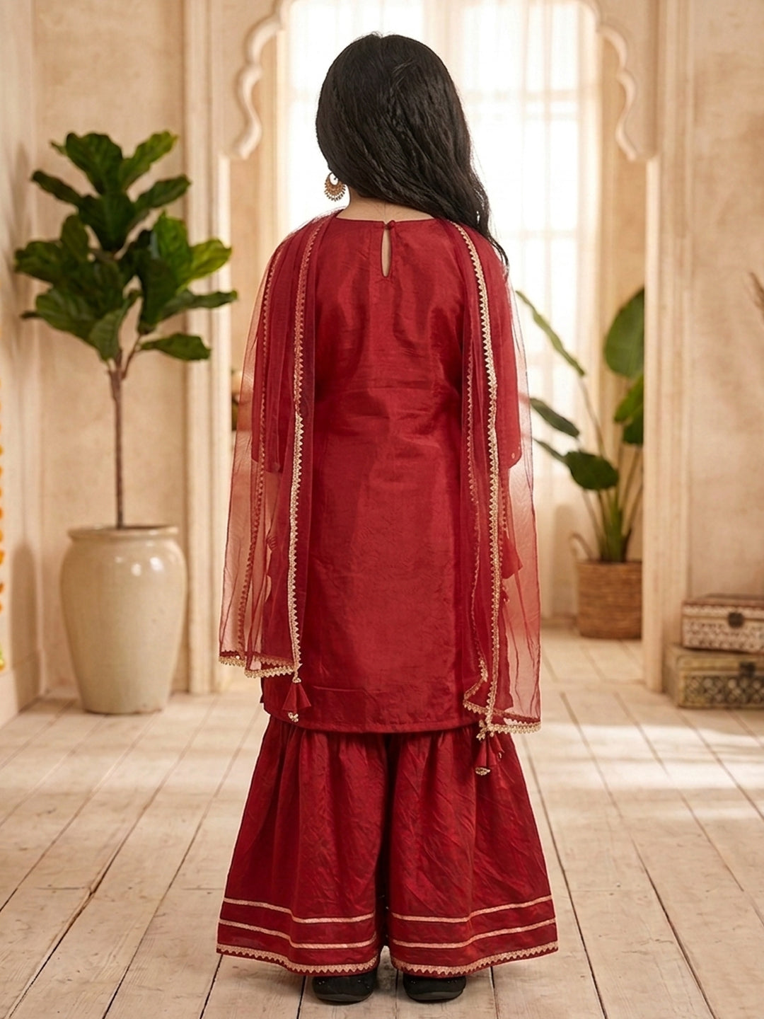 Kinder Kids Red Printed Kurti With Red Pant and Dupatta