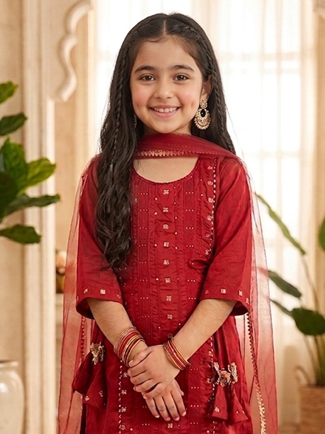 Kinder Kids Red Printed Kurti With Red Pant and Dupatta
