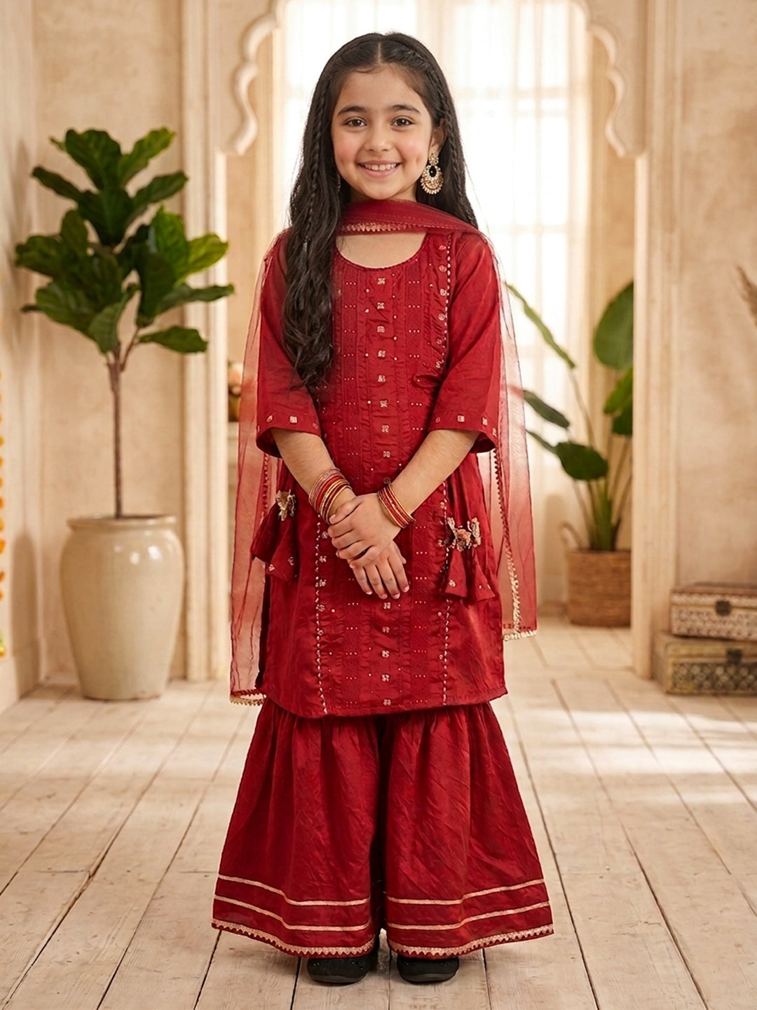 Kinder Kids Red Printed Kurti With Red Pant and Dupatta