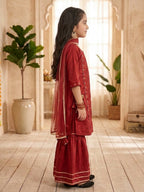 Kinder Kids Red Printed Kurti With Red Pant and Dupatta