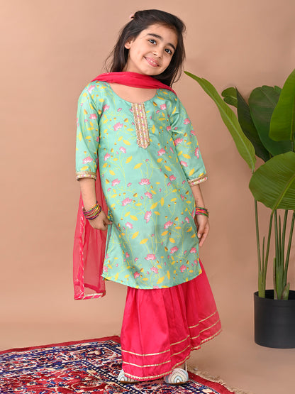 Green printed Kurti with Sharara and dupatta