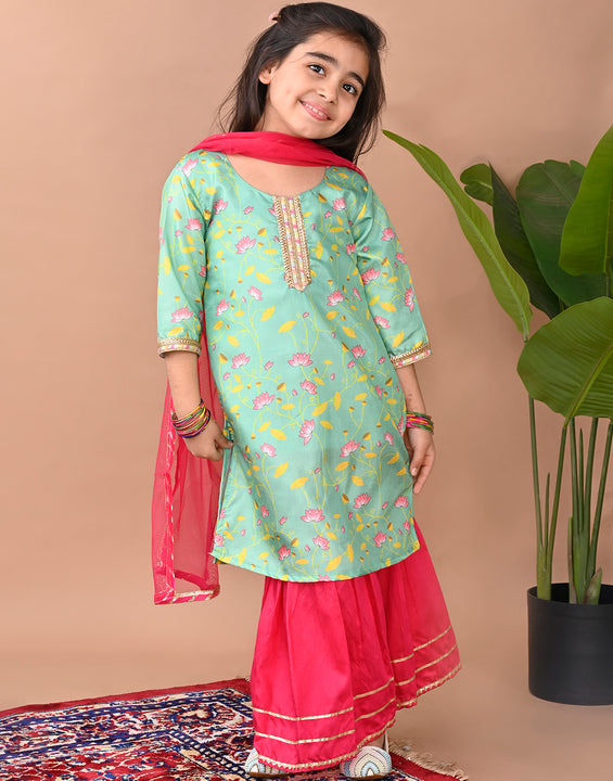 Green printed Kurti with Sharara and dupatta