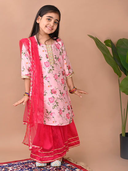 Pink  printed Kurti with Sharara and dupatta