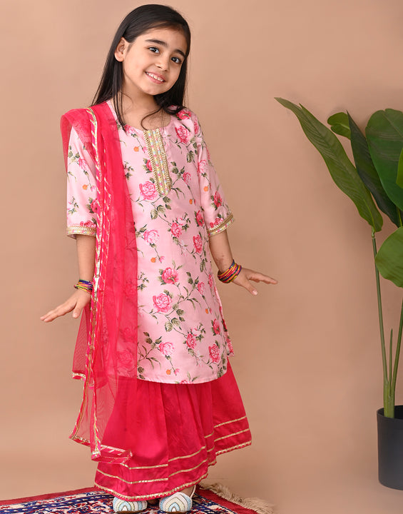 Pink  printed Kurti with Sharara and dupatta