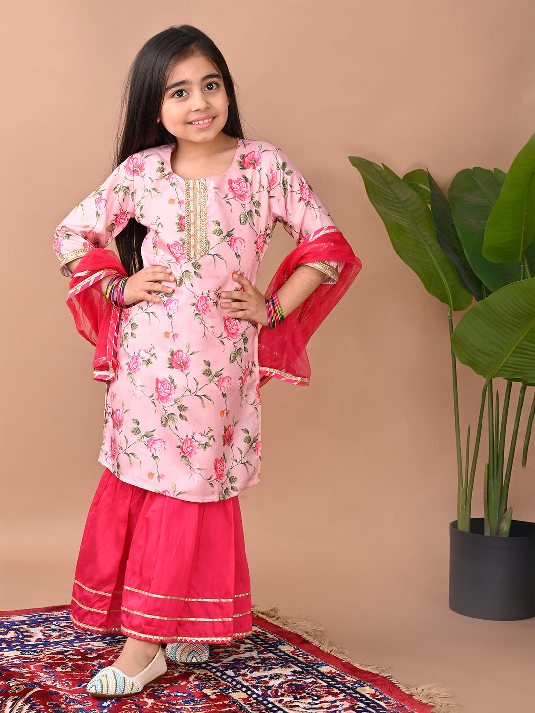 Pink  printed Kurti with Sharara and dupatta