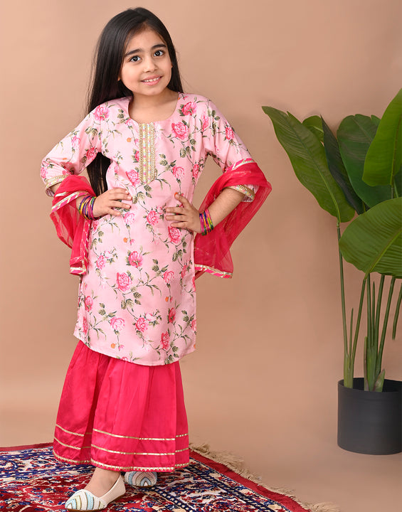 Pink  printed Kurti with Sharara and dupatta