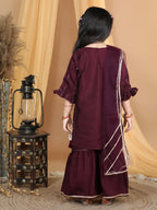 Purple Sequin & Gota Lace Embellished Weaved Kurta With Sharara & Dupatta