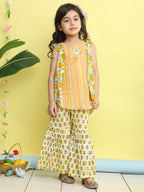 Yellow stripped sleeveless kurti with Floral sharara and jacket