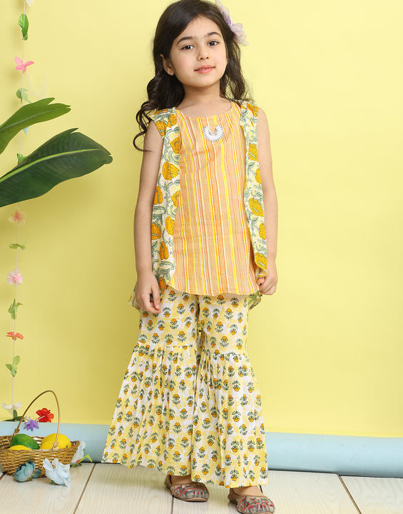 Yellow stripped sleeveless kurti with Floral sharara and jacket