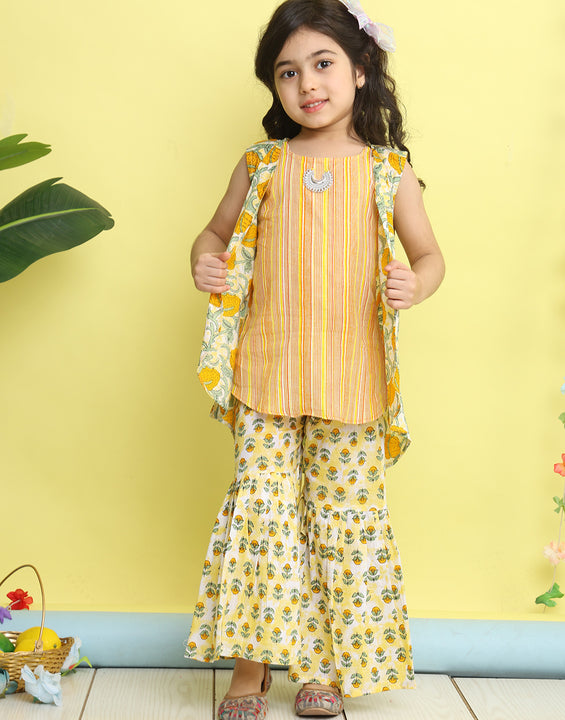 Yellow stripped sleeveless kurti with Floral sharara and jacket