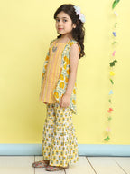 Yellow stripped sleeveless kurti with Floral sharara and jacket