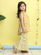 Yellow stripped sleeveless kurti with Floral sharara and jacket
