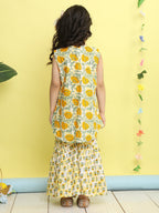 Yellow stripped sleeveless kurti with Floral sharara and jacket