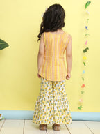 Yellow stripped sleeveless kurti with Floral sharara and jacket
