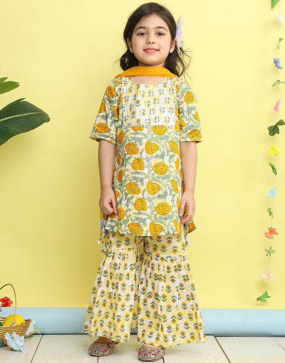 Yellow 3/4 sleeves printed Kurti with yellow sharara pant and dupatta
