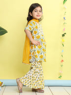 Yellow 3/4 sleeves printed Kurti with yellow sharara pant and dupatta