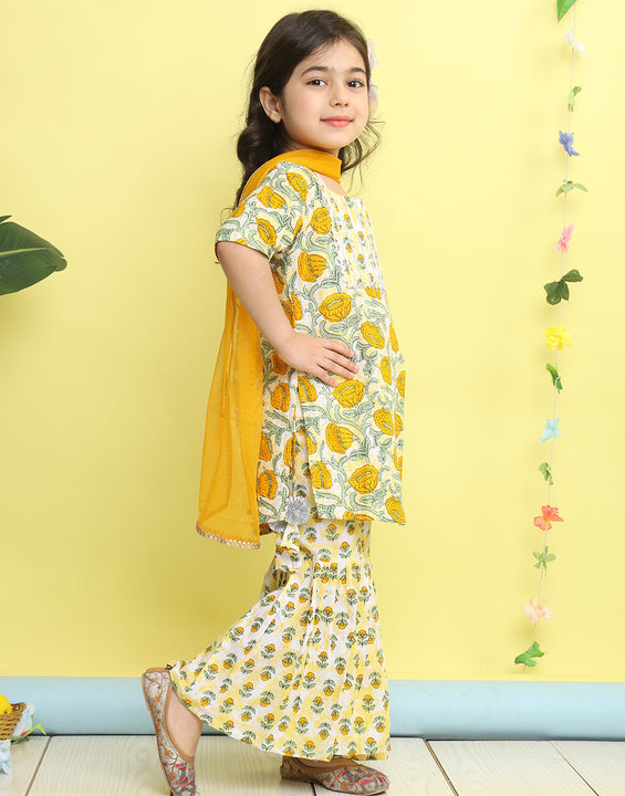 Yellow 3/4 sleeves printed Kurti with yellow sharara pant and dupatta