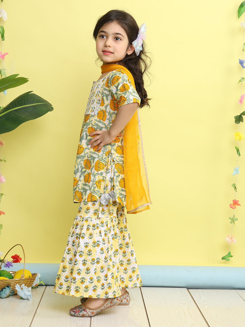 Yellow 3/4 sleeves printed Kurti with yellow sharara pant and dupatta