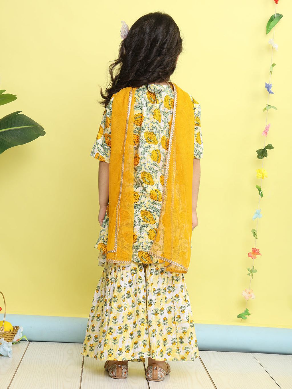 Yellow 3/4 sleeves printed Kurti with yellow sharara pant and dupatta