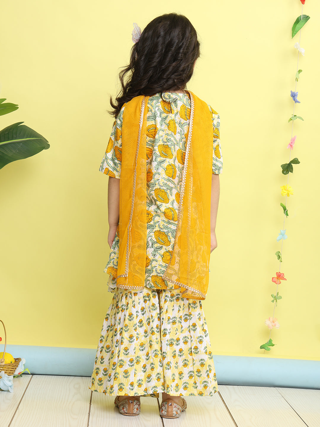 Yellow 3/4 sleeves printed Kurti with yellow sharara pant and dupatta