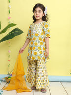 Yellow 3/4 sleeves printed Kurti with yellow sharara pant and dupatta