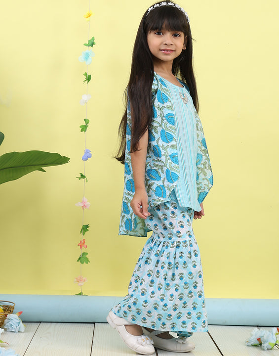 Blue stripped sleeveless kurti with Floral sharara and jacket